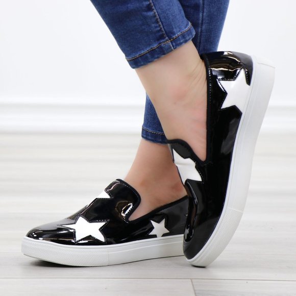 Black With White Stars Patent Sneakers Shoes - Picture 8 of 14